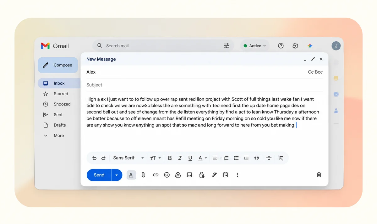 Borrador de Gmail generado con Dictado de macOS, con texto sin estructurar