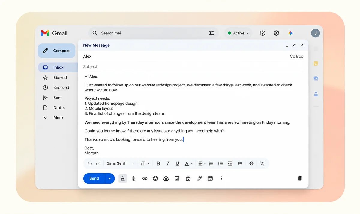 Borrador de Gmail generado con Loqua, con párrafos y una lista numerada del proyecto